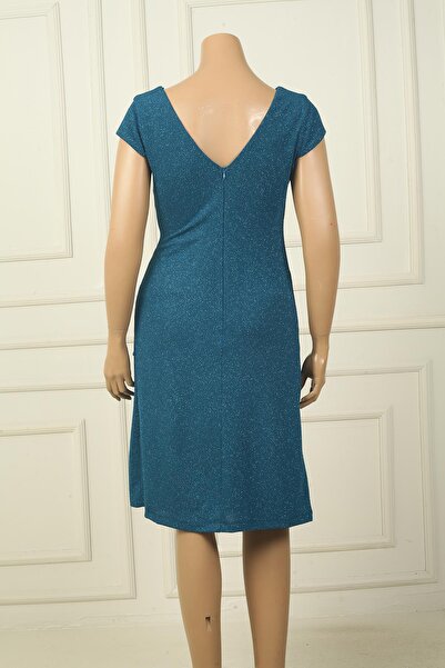 By Saygı Women's Front Back V Neck Nail Sleeves Lined Side Stone Detail Handkerchief B.B Silvery Short Dress