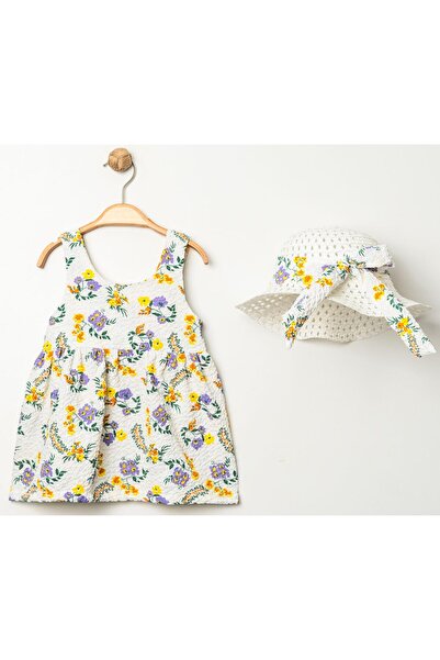 Chicsy Baby Tatlı Çiçek Desenli Şapkalı Fiyonklu Kız Bebek Elbisesi