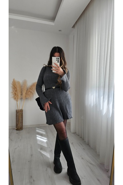 inci boutique Kadın Antrasit Triko Uzun İspanyol Kollu Mini Elbise