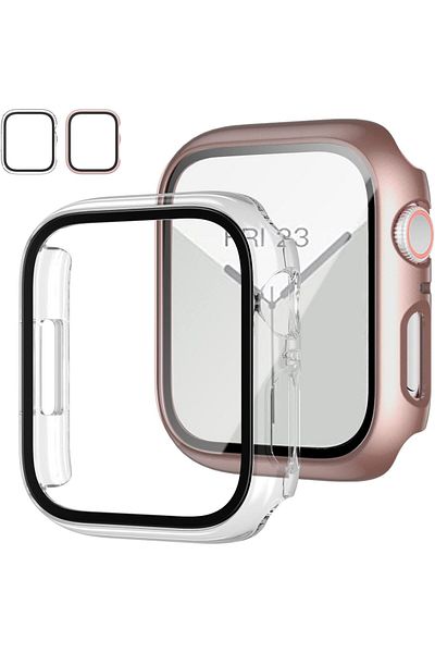 AWH Apple Watch Series 3/2/1 42mm, 2-Pack Case, Tempered Glass Screen Protector, Rose Gold, Clear