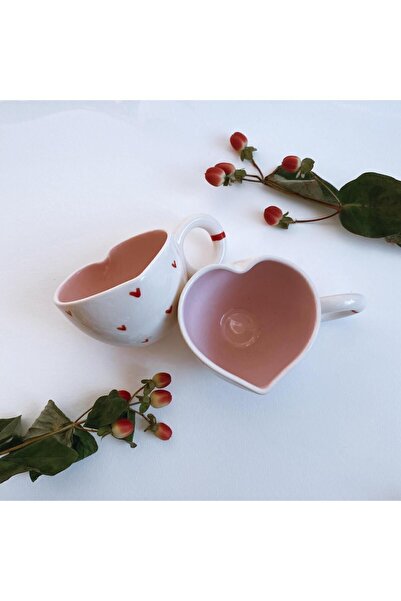woness studio El Yapımı Kalpli Ve Kalp Formunda Seramik Kahve Fincanı 1 Kişilik