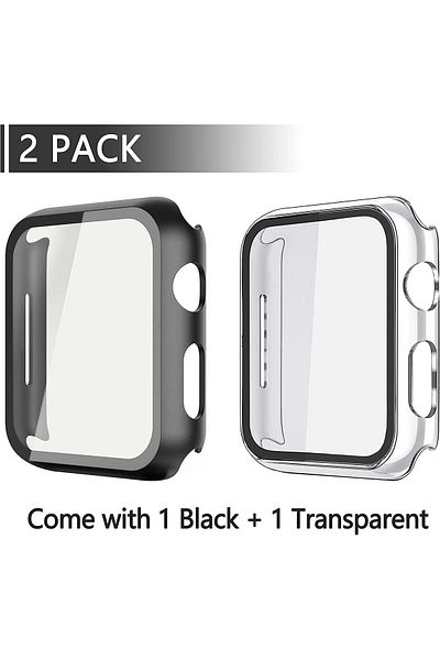AWH 2-Pack PC Case with Tempered Glass Screen Protector for Apple Watch 44mm, Black + Transparent