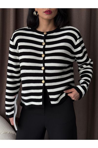 BİKELİFE Cardigan de damă, cu dungi aurii, cu nasturi din tricot căptușit