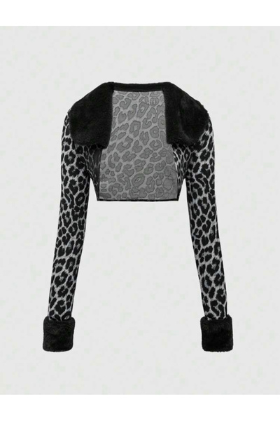 La Saade Y2k Grunge Seksi Patchwork Leopar Tüylü Gri Ceket