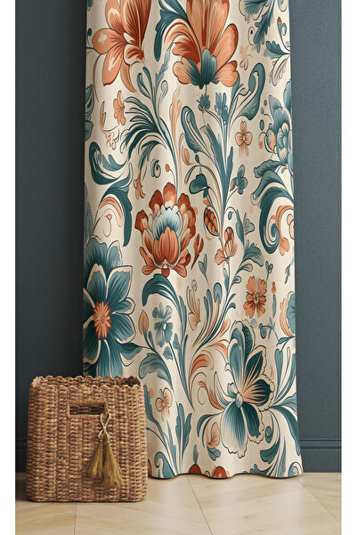 ALAMODECOR Vintage Çiçekli Model Tek Kanat Oturma Odası Salon Fon Perde