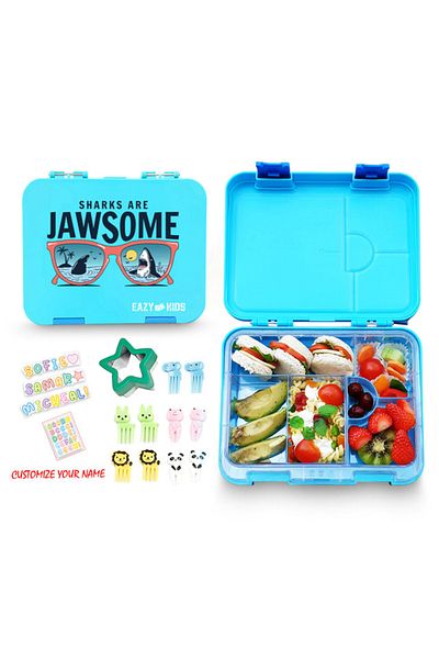 Eazy Kids Eazy Kids 6 / 4 Compartment Bento Lunch Box w / Tritan Water Bottle & Steel Food Jar Jawsome - Blue