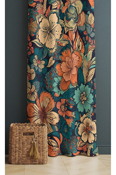 ALAMODECOR Turuncu Mavi Çiçekli Model Tek Kanat Oturma Odası Salon Fon Perde