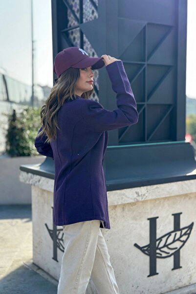 Juuuj Kadın Mor Astarlı, Tek Düğme, Vucüda Oturan Kalıp, Fitilli Kaşe Kumaş Blazer Ceket