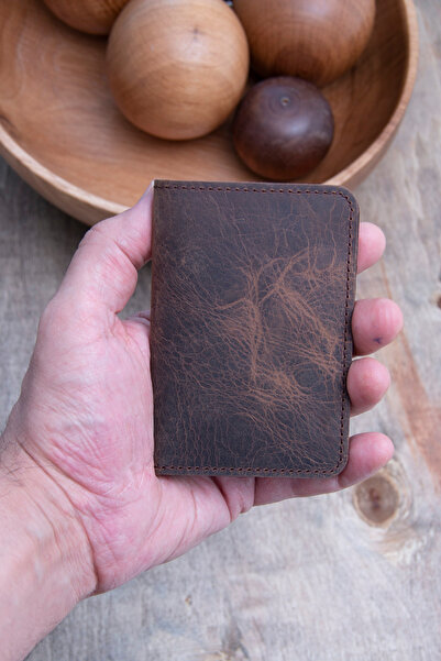 naft Servi 6 2 Compartment Unisex Vertical Leather Card Holder Wallet - Chestnut Brown - Set with Keychain Gift