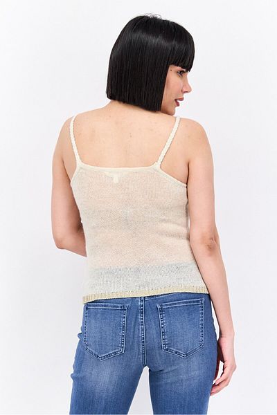 Guess بلوزة نسائية معدنية بدون أكمام بفتحة رقبة دائرية، لون عاجي