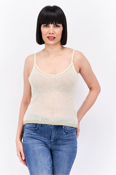 Guess بلوزة نسائية معدنية بدون أكمام بفتحة رقبة دائرية، لون عاجي