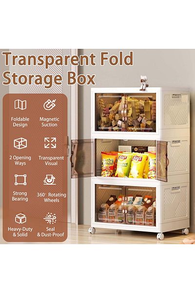 EqiEch Stackable Folding Storage Bins with Lids, 3-Layer Portable Plastic Cabinet with Wheels