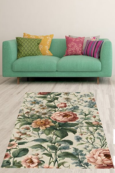 on the clouds Vintage Renkli Çiçekler Flowers Yıkanabilir Kaymaz Taban Leke T...