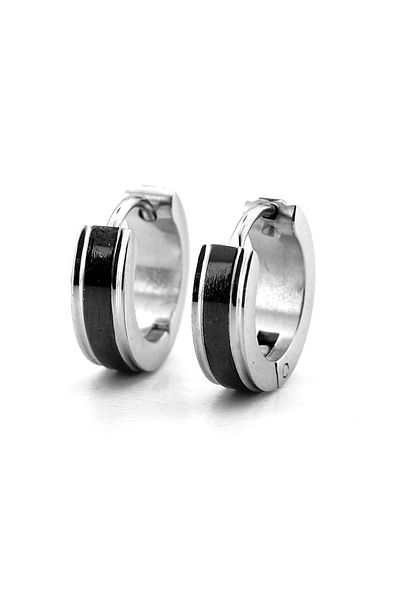 Solfera Black Sliver Design Silver Color Stainless Steel Hoop Men's Earrings Er135