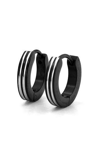 Solfera Black Double Striped Stainless Steel Hoop Earrings - Women & Men Er133