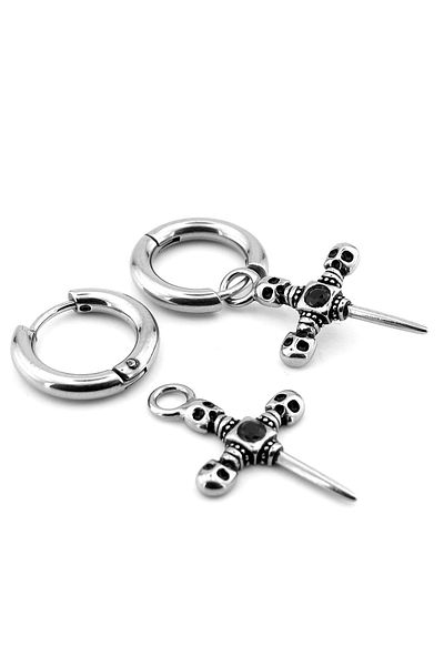 Solfera Unisex Men's Earrings - Cross Black Stone, Dangle Stainless Steel Ring, Er185
