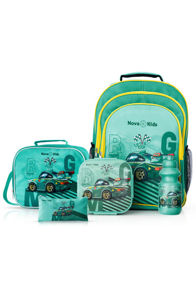 NovaKids Nova Kids 16 Inch School Bag Set of 5 - Car Racing - Green