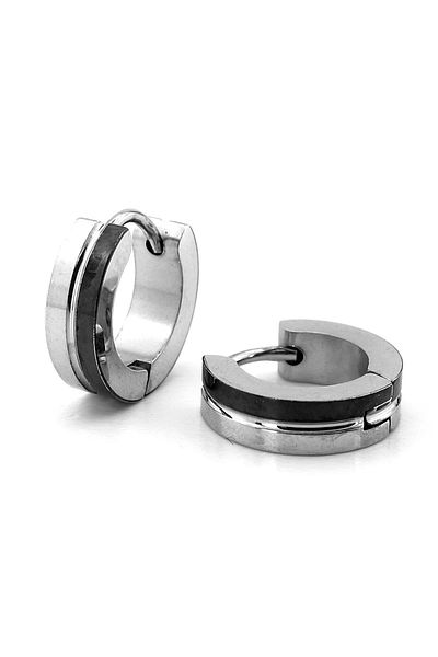 Solfera Men's Unisex Earrings - Black and White Stripe, Stainless Steel Hoop, Straight Cut Er134