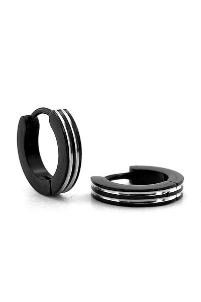 Solfera Black Double Striped Stainless Steel Hoop Earrings - Women & Men Er133
