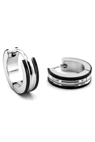 Solfera Silver Color Stainless Steel Men's Hoop Earrings with Black and White Stripe Er140