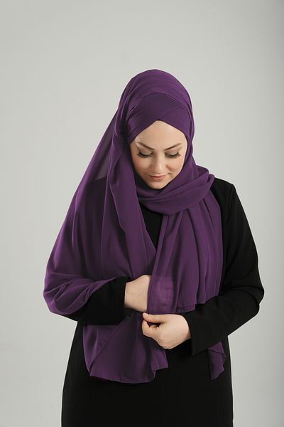 HÜRREM BONE Practical Ready Plum Chiffon Bonnet Single Band Snap Shawl - 1453_07