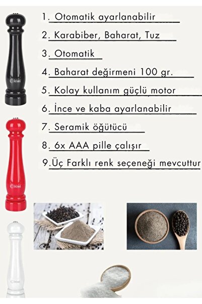 Kiwi Kspg 4810 Otomatik Ayarlanabilir Tuz Karabiber Baharat Değirmeni Baharat Öğütücü Siyah