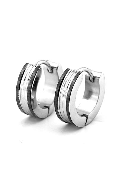 Solfera Black White Stripes Design Silver Color Stainless Steel Men Hoop Earrings Er138