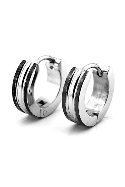 Solfera Black White Upright Stripes Silver Color Stainless Steel Men Hoop Earrings Er139