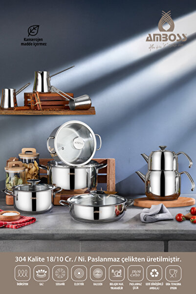 Amboss 14 Parça Cool Çeyiz Seti Indüksiyon Tabanlı Cam Kapaklı Çelik Tencere Seti
