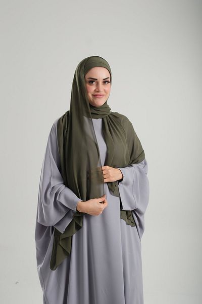 HÜRREM BONE Practical Khaki Chiffon Bonnet Shawl - Snap, Crisscross 2001_09