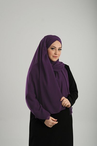HÜRREM BONE Practical Ready Plum Chiffon Bonnet Single Band Snap Shawl - 1453_07