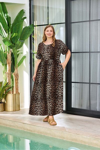 Aydoğan Lodos Store Aydoğan Γυναικείο Μακρύ Φόρεμα με κοντό μανίκι με λαιμόκοψη σε μεγάλο μέγεθος