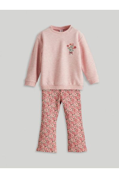 LC Waikiki Lcw Kids Set of 2 Pink Floral Print Girls Sweatshirt and Leggings Pants
