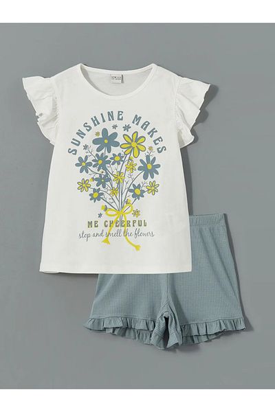 LC Waikiki Lcw Eco Turquoise Crew Neck Printed Girls' T-Shirt and Shorts