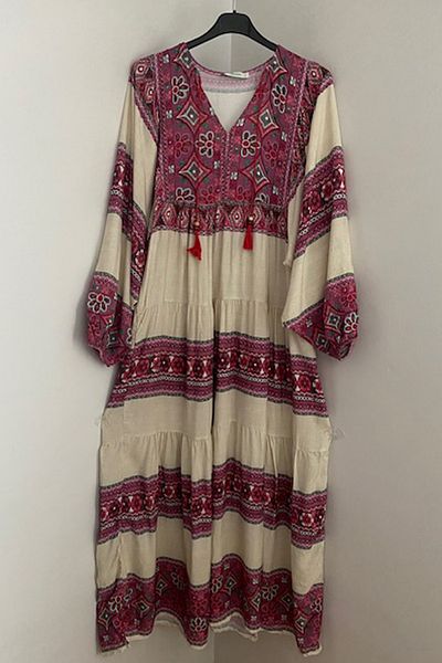 AYASOFYA OTANTIK Women's Burgundy Design Ethnic Print Long Sleeve Long Dress