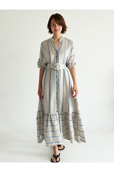 AYASOFYA OTANTIK Rochie de damă, bej, albastru, cu guler cu plăcuță, cu nasturi în față, cu centură cu volane, cu mânecă cu balon, din bumbac