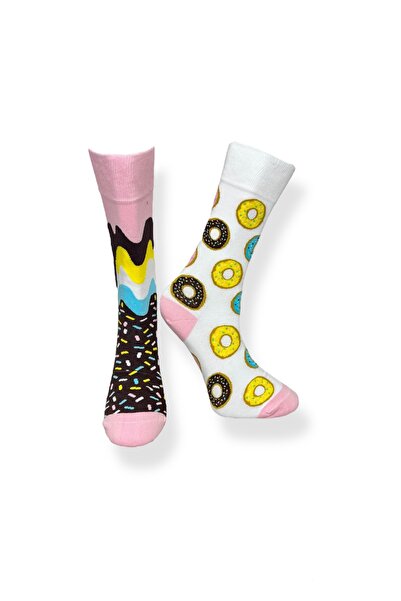 Mevo Tekli Unisex Donut Desenli Beyaz Renkli Esnek Nem Alabilen Pamuklu Çorap