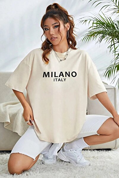 NO 601 ЖениБежова тениска с щампа Milano Italy Oversize