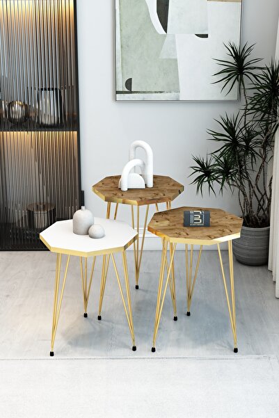 BARIN DESIGN 3'lü Sekizgen Zigon Sehpa Seti - Gold Metal Ayaklı, Modern & Şık...