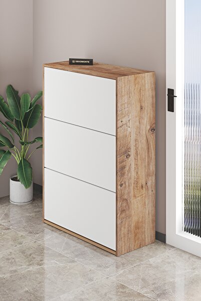 Dekomonte Çam Kapak Beyaz Düşer Kapaklı Ayakkabılık Kayar Raflı Ayakkabılık 3 Bölmeli Ayakkabılık