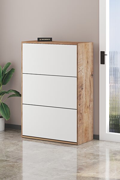 Dekomonte Çam Kapak Beyaz Düşer Kapaklı Ayakkabılık Kayar Raflı Ayakkabılık 3 Bölmeli Ayakkabılık