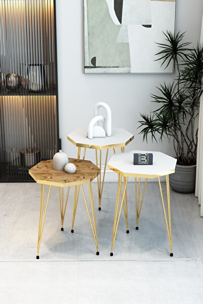 BARIN DESIGN 3'lü Sekizgen Zigon Sehpa Seti - Gold Metal Ayaklı, Modern & Şık...