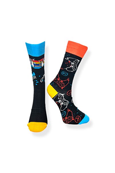 Mevo Tekli Unisex Game Desenli Siyah Renkli Esnek Nem Alabilen Pamuklu Çorap