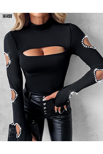 JANES Dámská halenka s dlouhým rukávem, poloviční rolák, detail okénka na rukávech, vzor srdce, kamínky, viskózová halenka