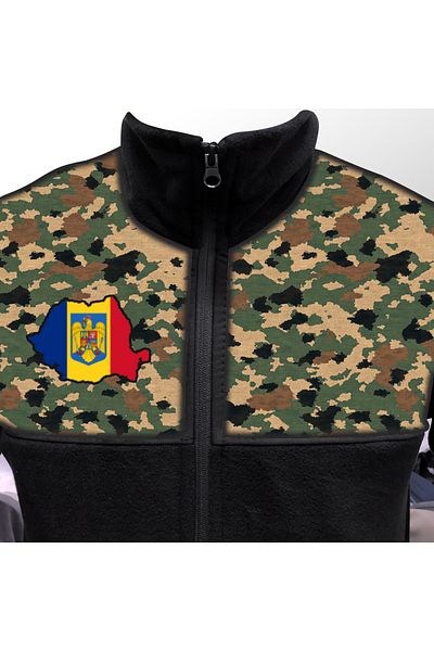 Crea Eymer Wear Φλις με σχέδιο καμουφλάζ, σημαία Ρουμανίας, χωρίς φούσκες, με πλήρες φερμουάρ