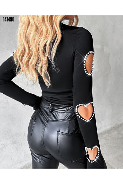 JANES Dámská halenka s dlouhým rukávem, poloviční rolák, detail okénka na rukávech, vzor srdce, kamínky, viskózová halenka