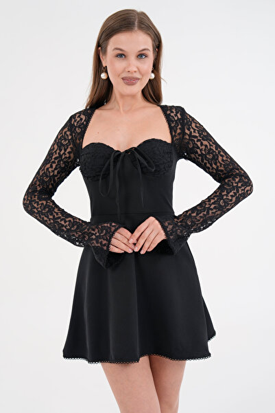 vuvutasarım Lace Design Atlas Fabric Flared Mini Black Dress with Low-Cut Back and Lacing Detail 238