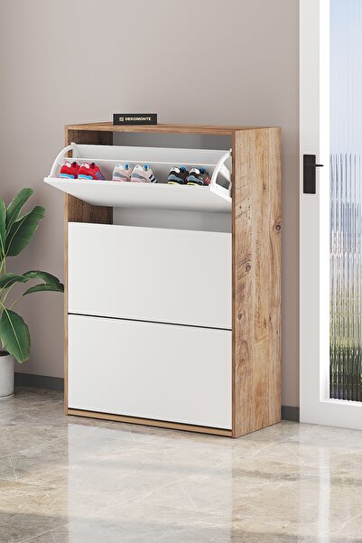 Dekomonte Çam Kapak Beyaz Düşer Kapaklı Ayakkabılık Kayar Raflı Ayakkabılık 3 Bölmeli Ayakkabılık