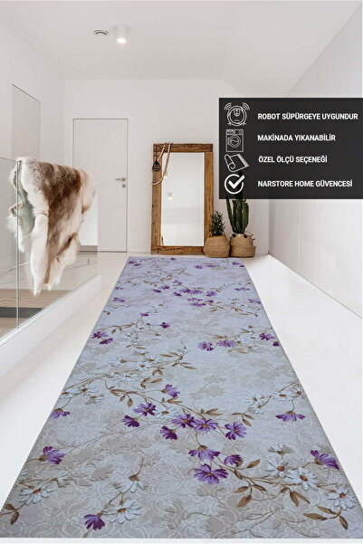 NaRStore Home ELİT LİLA KAHVE ÇİÇEKLİ KABARTMALI KAYMAZ TABAN YIKANABİLİR KES...