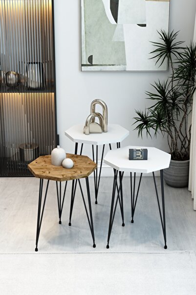 BARIN DESIGN 3'lü Sekizgen Zigon Sehpa Seti - Siyah Metal Ayaklı, Modern & Şı...